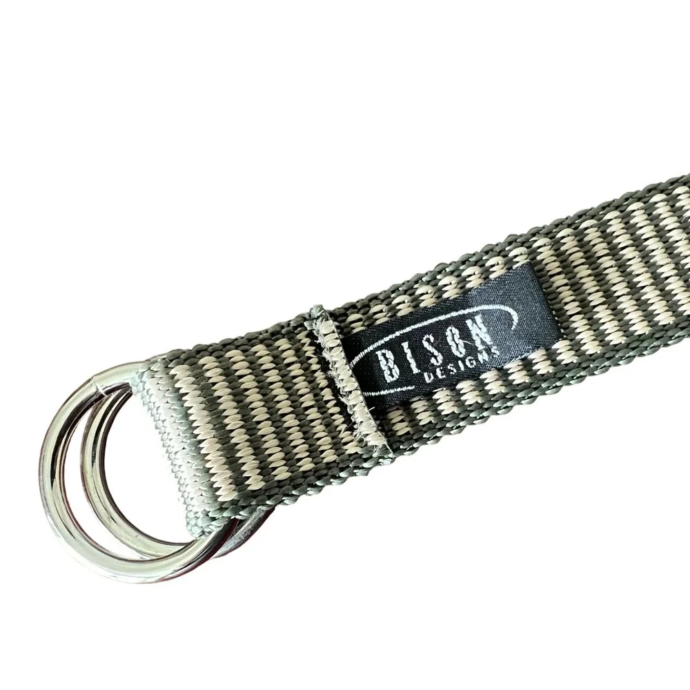 Bison Designs Mens Woven Nylon D-Ring Belt Olive Green Tan Striped Made in USA
